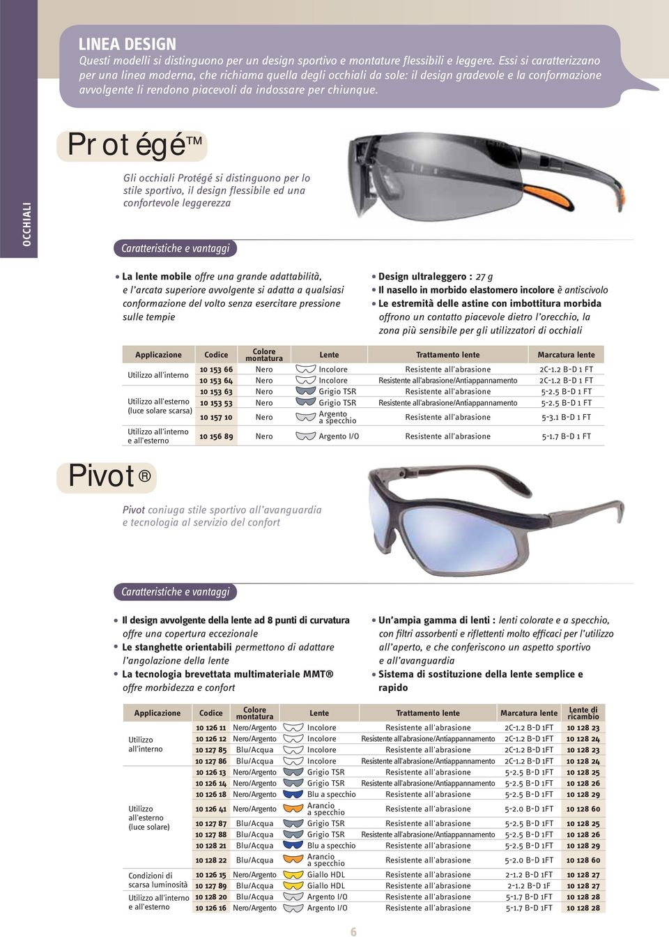 OCCHIALI Protégé Gli occhiali Protégé si distinguono per lo stile sportivo, il design flessibile ed una confortevole leggerezza La lente mobile offre una grande adattabilità, e l arcata superiore