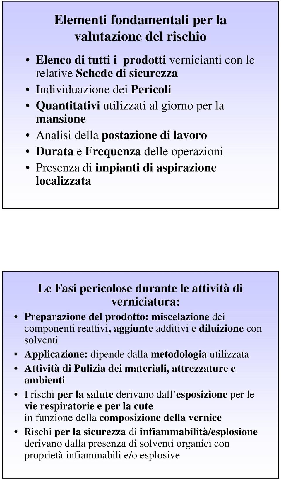 del prodotto: miscelazione dei componenti reattivi, aggiunte additivi e diluizione con solventi Applicazione: dipende dalla metodologia utilizzata Attività di Pulizia dei materiali, attrezzature e