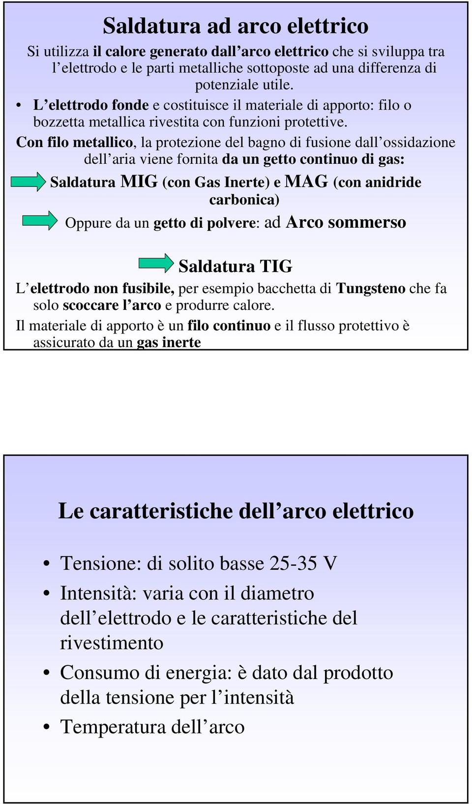 Con filo metallico, la protezione del bagno di fusione dall ossidazione dell aria viene fornita da un getto continuo di gas: Saldatura MIG (con Gas Inerte) e MAG (con anidride carbonica) Oppure da un