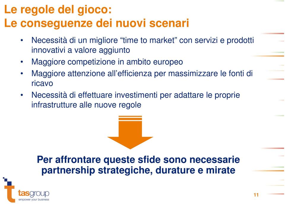 efficienza per massimizzare le fonti di ricavo Necessità di effettuare investimenti per adattare le proprie