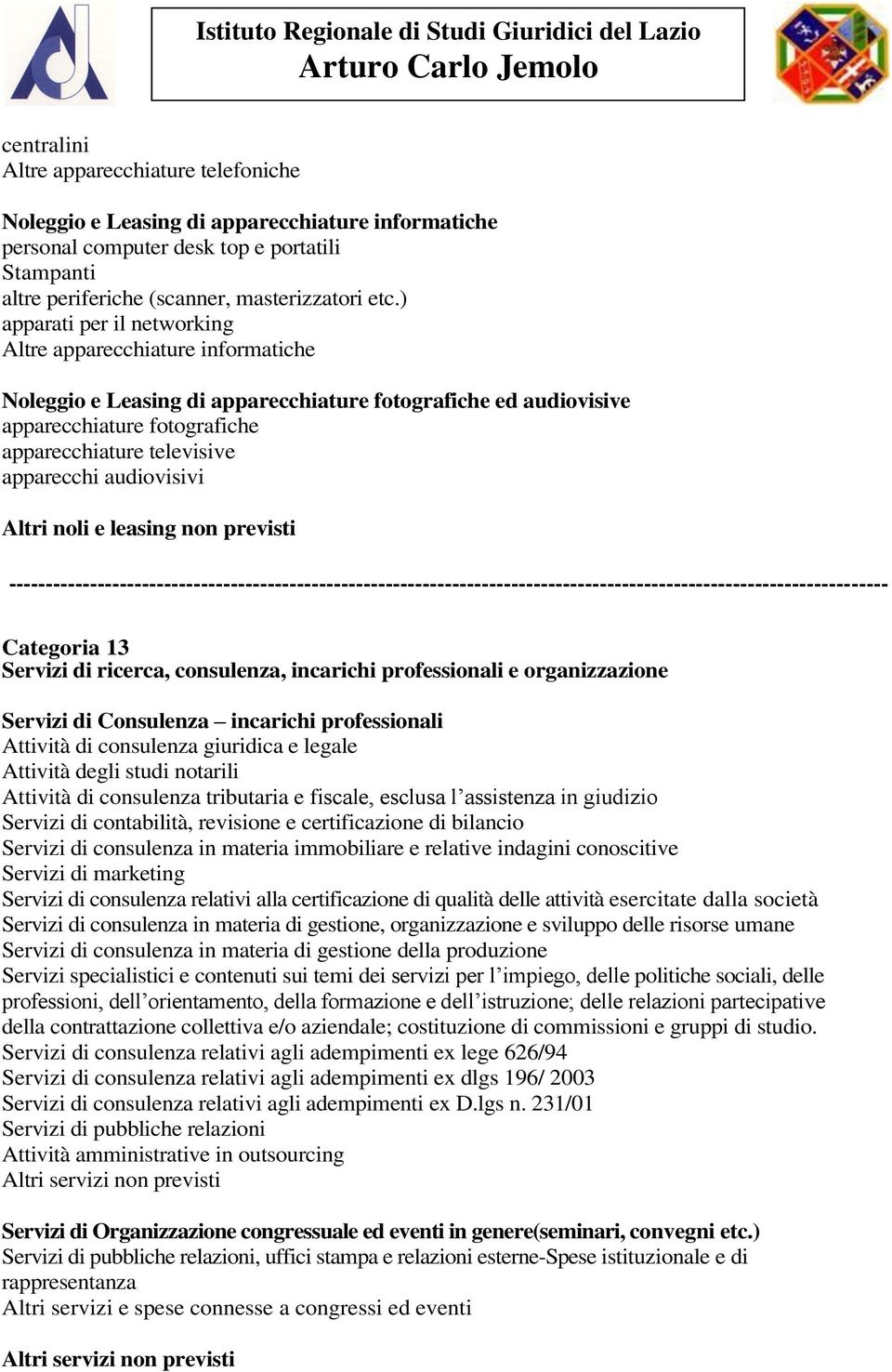 audiovisivi Altri noli e leasing non previsti Categoria 13 Servizi di ricerca, consulenza, incarichi professionali e organizzazione Servizi di Consulenza incarichi professionali Attività di