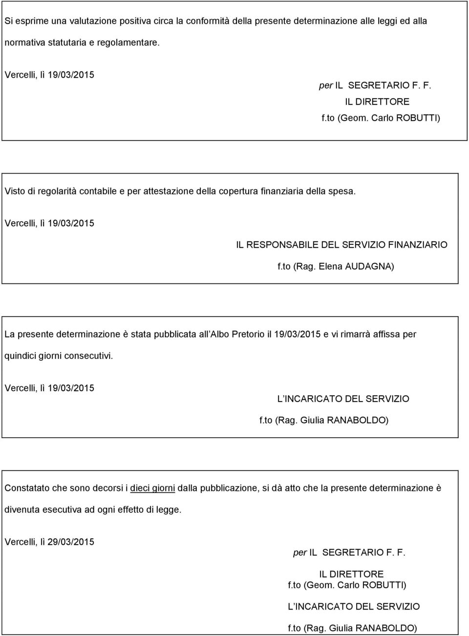 to (Rag. Elena AUDAGNA) La presente determinazione è stata pubblicata all Albo Pretorio il 19/03/2015 e vi rimarrà affissa per quindici giorni consecutivi.