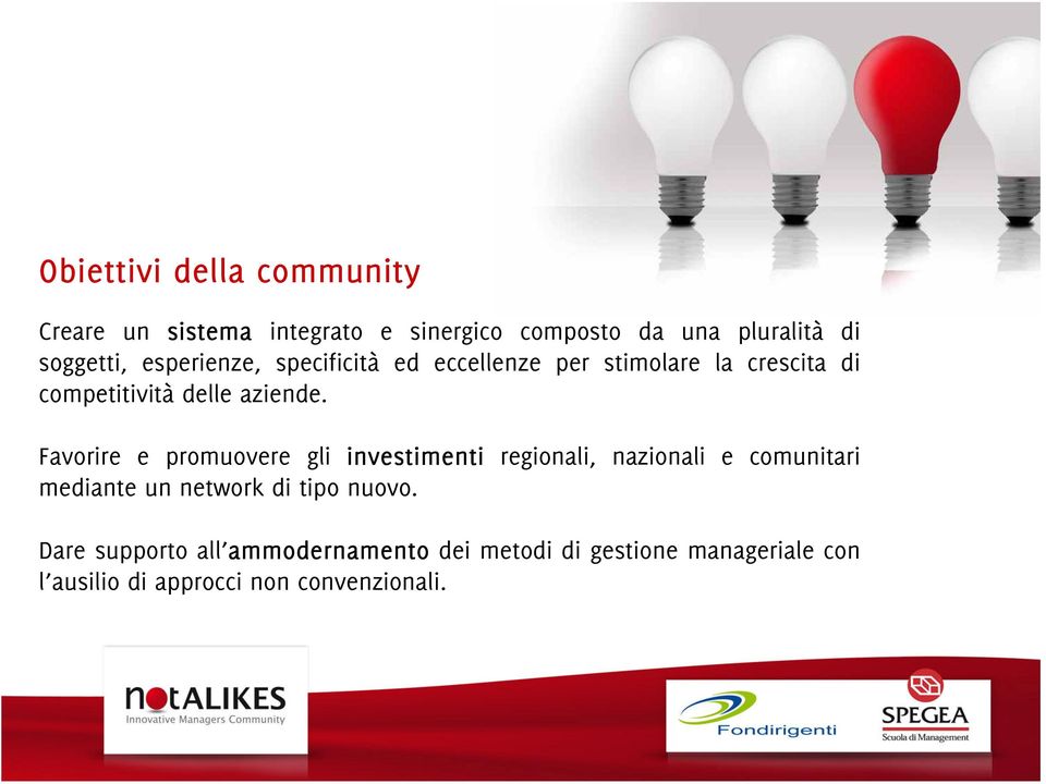 Favorire e promuovere gli investimenti regionali, nazionali e comunitari mediante un network di tipo nuovo.