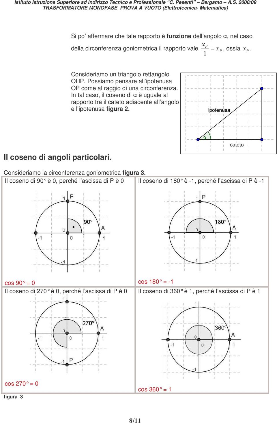 In tal caso, il coseno di è uguale al rapporto tra il cateto adiacente all angolo e l ipotenusa figura 2. figura 2 Il coseno di angoli particolari.