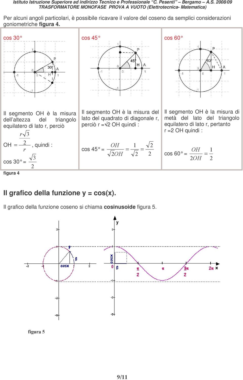 segmento OH è la misura del lato del quadrato di diagonale r, perciò r =2 OH quindi : cos 45 = = = Il segmento OH è la misura di metà del lato