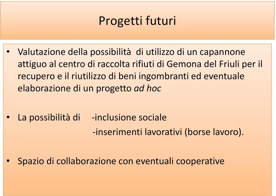 ingombranti ed eventuale elaborazione di un progetto ad hoc La possibilità di -inclusione