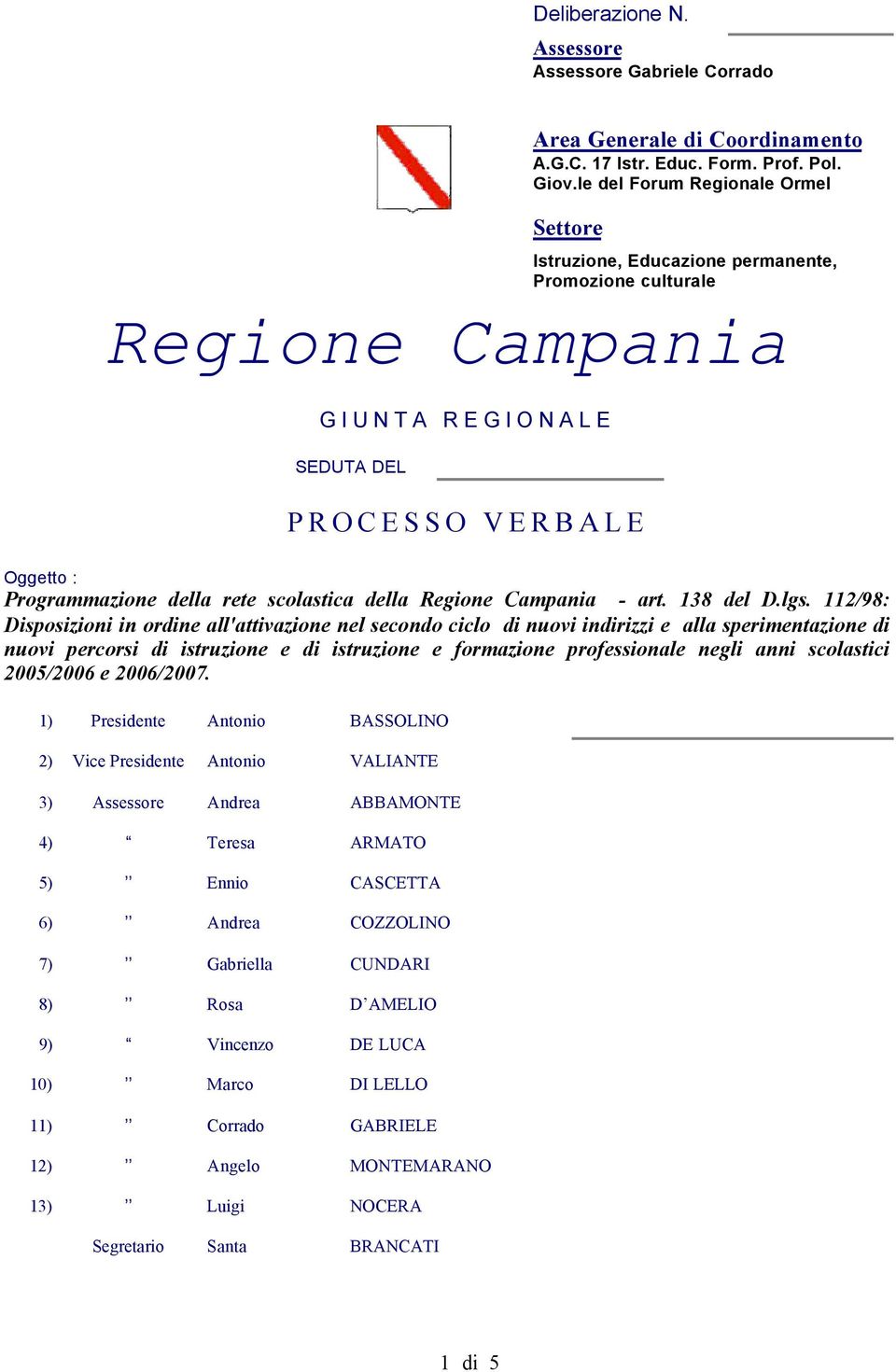 scolastica della Regione Campania - art. 138 del D.lgs.