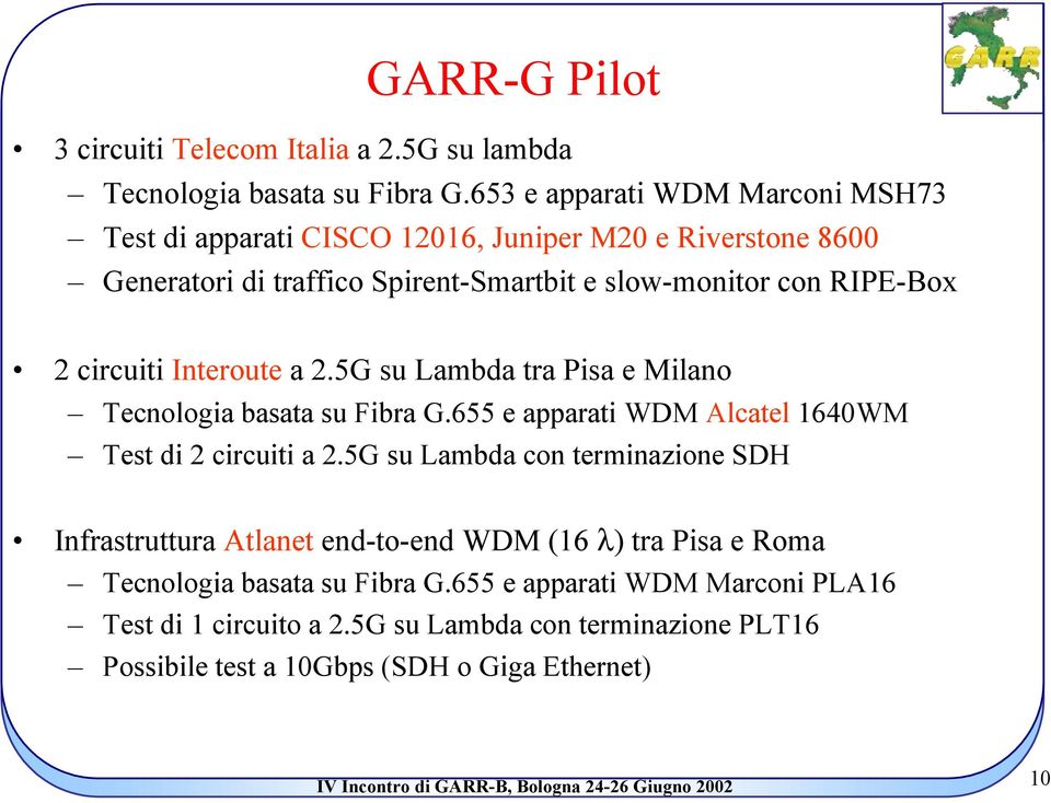 circuiti Interoute a 2.5G su Lambda tra Pisa e Milano Tecnologia basata su Fibra G.655 e apparati WDM Alcatel 1640WM Test di 2 circuiti a 2.