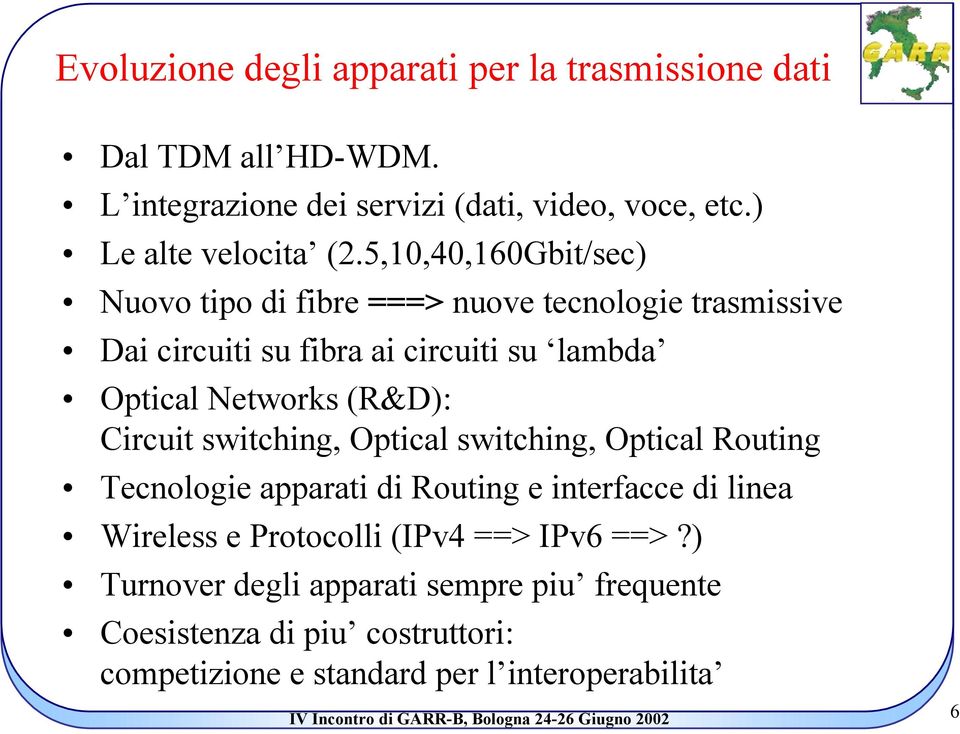 5,10,40,160Gbit/sec) Nuovo tipo di fibre ===> nuove tecnologie trasmissive Dai circuiti su fibra ai circuiti su lambda Optical Networks