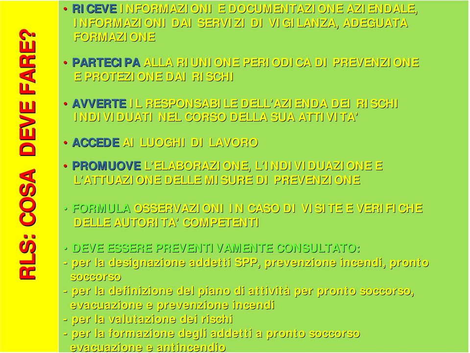 RESPONSABILE DELL AZIENDA DEI RISCHI INDIVIDUATI NEL CORSO DELLA SUA ATTIVITA ACCEDE AI LUOGHI DI LAVORO PROMUOVE L ELABORAZIONE, L INDIVIDUAZIONE L E L ATTUAZIONE DELLE MISURE DI PREVENZIONE FORMULA