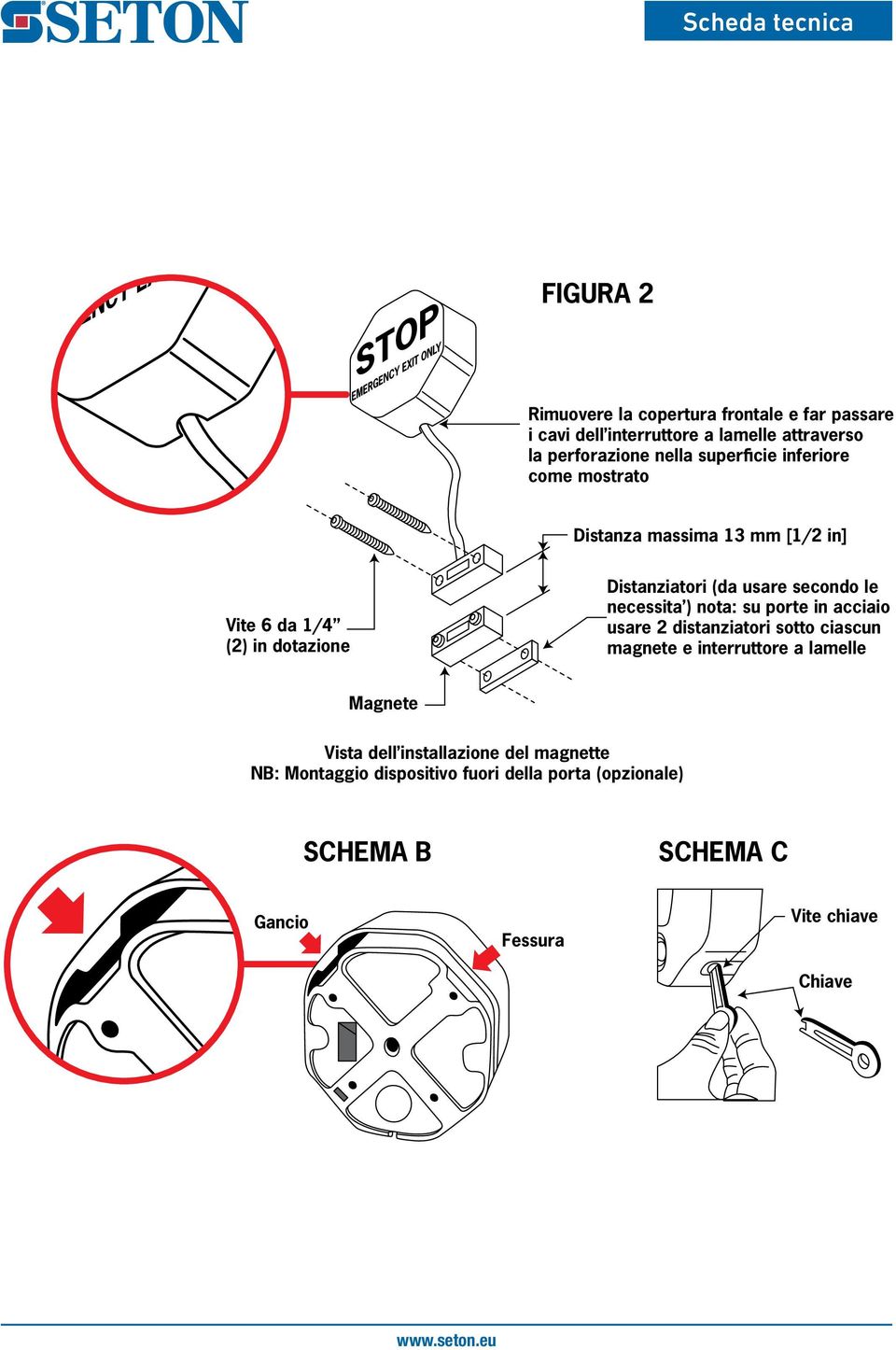 necessita ) nota: su porte in acciaio usare 2 distanziatori sotto ciascun magnete e interruttore a lamelle Vista dell