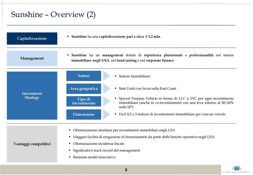 Settori Settore Immobiliare Investment Strategy Area geografica Tipo di investimento Dimensione Stati Uniti con focus sulla East Coast Special Purpose Vehicle in forma di LLC o INC per ogni