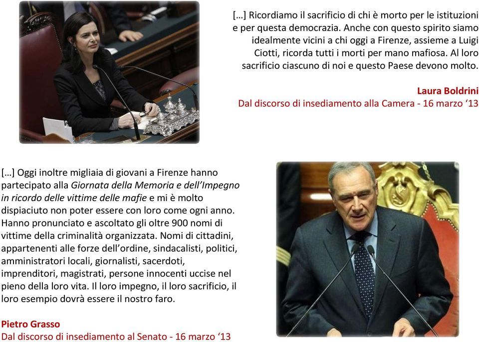 Laura Boldrini Dal discorso di insediamento alla Camera - 16 marzo 13 [ ] Oggi inoltre migliaia di giovani a Firenze hanno partecipato alla Giornata della Memoria e dell Impegno in ricordo delle