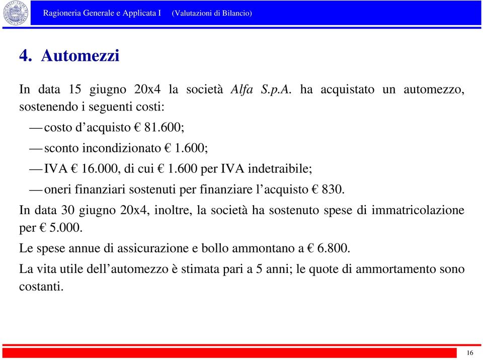 600 per IVA indetraibile; oneri finanziari sostenuti per finanziare l acquisto 830.