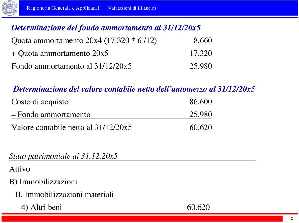 980 Determinazione del valore contabile netto dell automezzo al 31/12/20x5 Costo di acquisto 86.