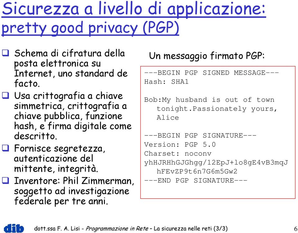 Inventore: Phil Zimmerman, soggetto ad investigazione federale per tre anni. Un messaggio firmato PGP: ---BEGIN PGP SIGNED MESSAGE--- Hash: SHA1 Bob:My husband is out of town tonight.