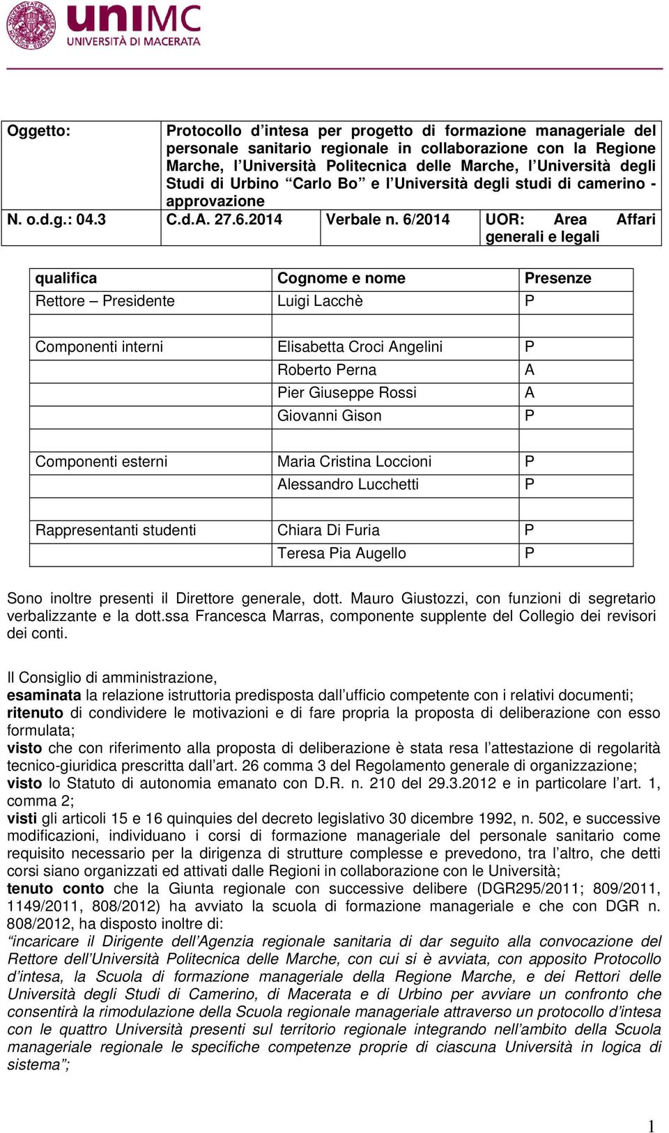 6/2014 UOR: Area Affari generali e legali qualifica Cognome e nome Presenze Rettore Presidente Luigi Lacchè P Componenti interni Elisabetta Croci Angelini P Roberto Perna A Pier Giuseppe Rossi A