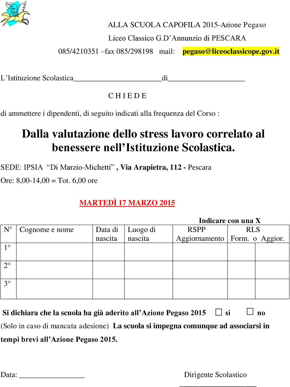 Scolastica. SEDE: IPSIA Di Marzio-Michetti, Via Arapietra, 112 - Pescara Ore: 8,00-14,00 = Tot.