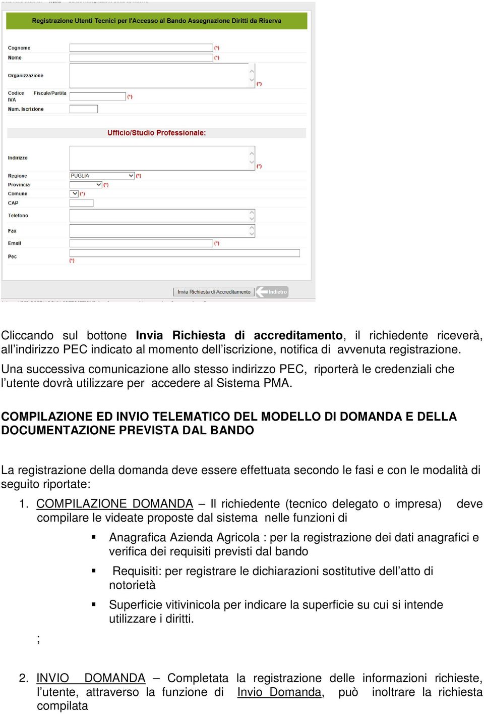 COMPILAZIONE ED INVIO TELEMATICO DEL MODELLO DI DOMANDA E DELLA DOCUMENTAZIONE PREVISTA DAL BANDO La registrazione della domanda deve essere effettuata secondo le fasi e con le modalità di seguito