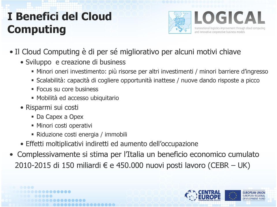 business Mobilità ed accesso ubiquitario Risparmi sui costi Da Capex a Opex Minori costi operativi Riduzione costi energia / immobili Effetti moltiplicativi