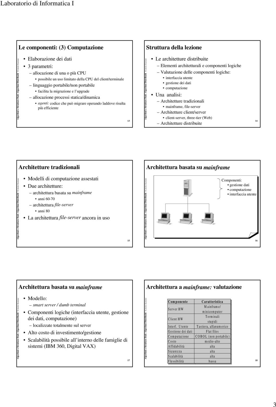 e componenti logiche Valutazione delle componenti logiche: gestione dei dati Una analisi: Architetture tradizionali mainframe, file-server Architetture client/server client-server, three-tier (Web)