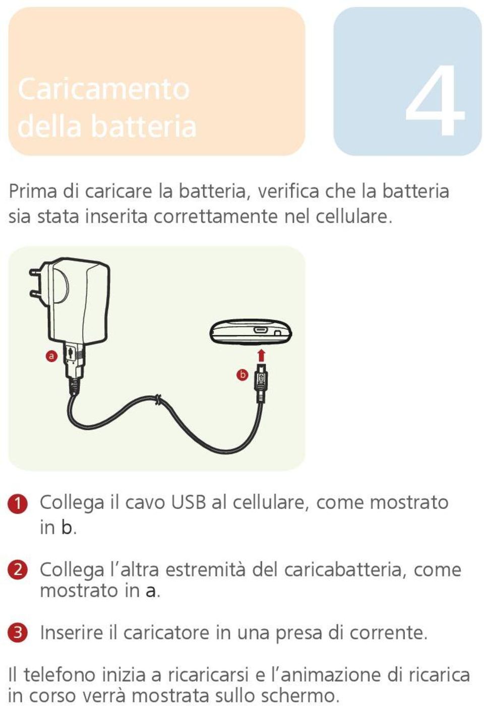 2 3 Collega l altra estremità del caricabatteria, come mostrato in a.