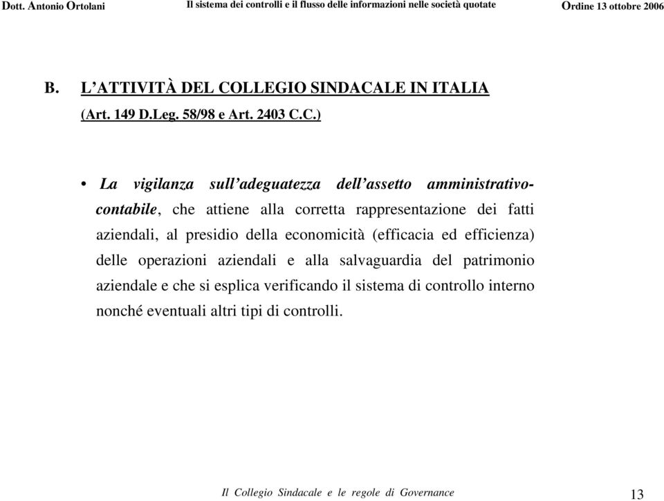 LE IN ITALIA (Art. 149 D.Leg. 58/98 e Art. 2403 C.