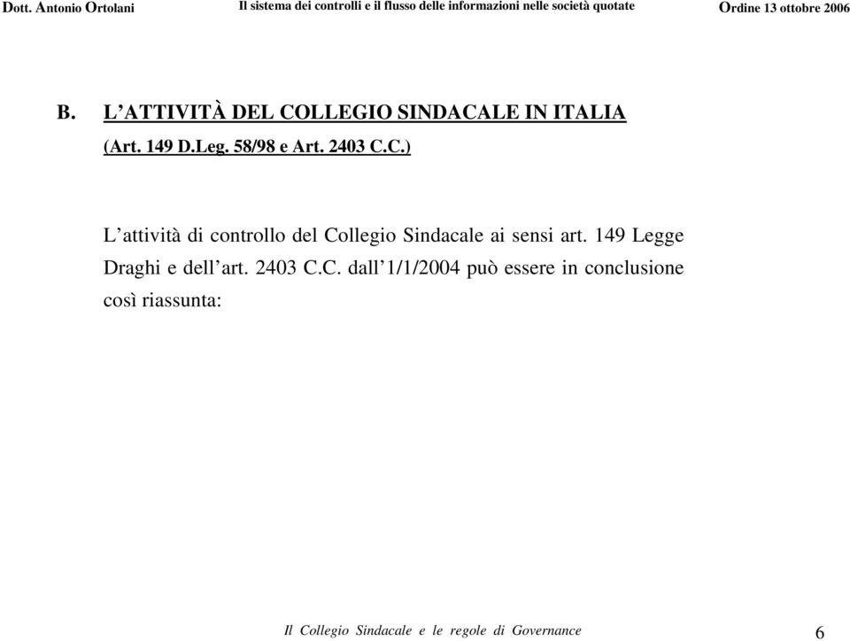 C.) L attività di controllo del Collegio Sindacale ai sensi