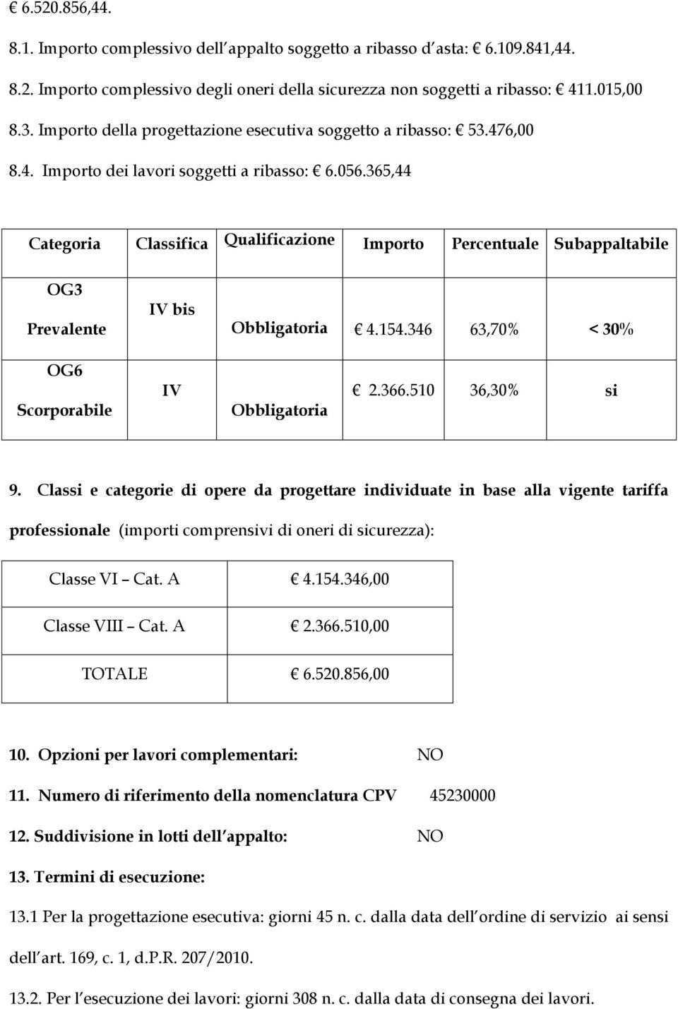 365,44 Categoria Classifica Qualificazione Importo Percentuale Subappaltabile OG3 Prevalente IV bis Obbligatoria 4.154.346 63,70% < 30% OG6 Scorporabile IV Obbligatoria 2.366.5 36,30% si 9.