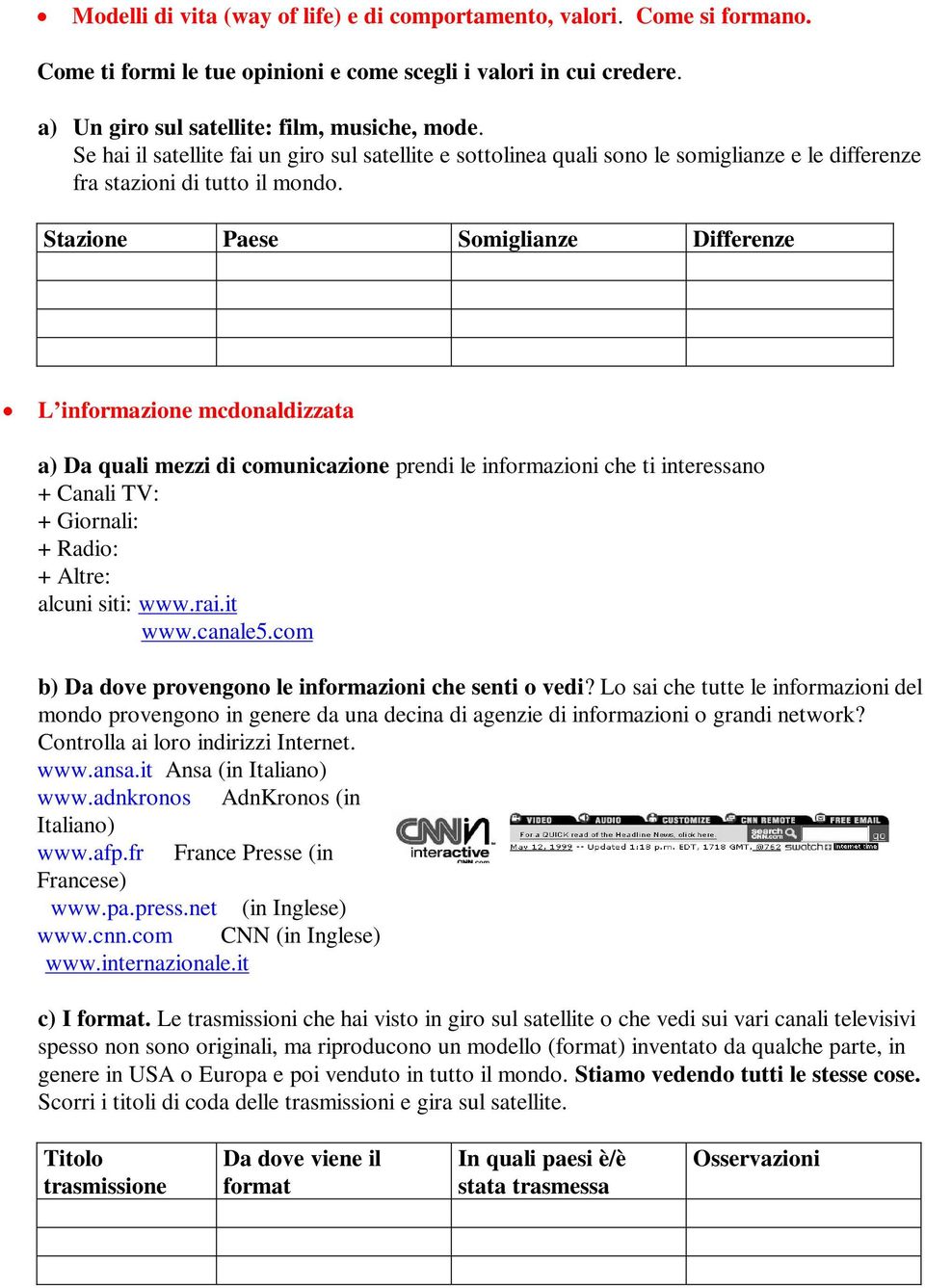 Stazione Paese Somiglianze Differenze L informazione mcdonaldizzata a) Da quali mezzi di comunicazione prendi le informazioni che ti interessano + Canali TV: + Giornali: + Radio: + Altre: alcuni