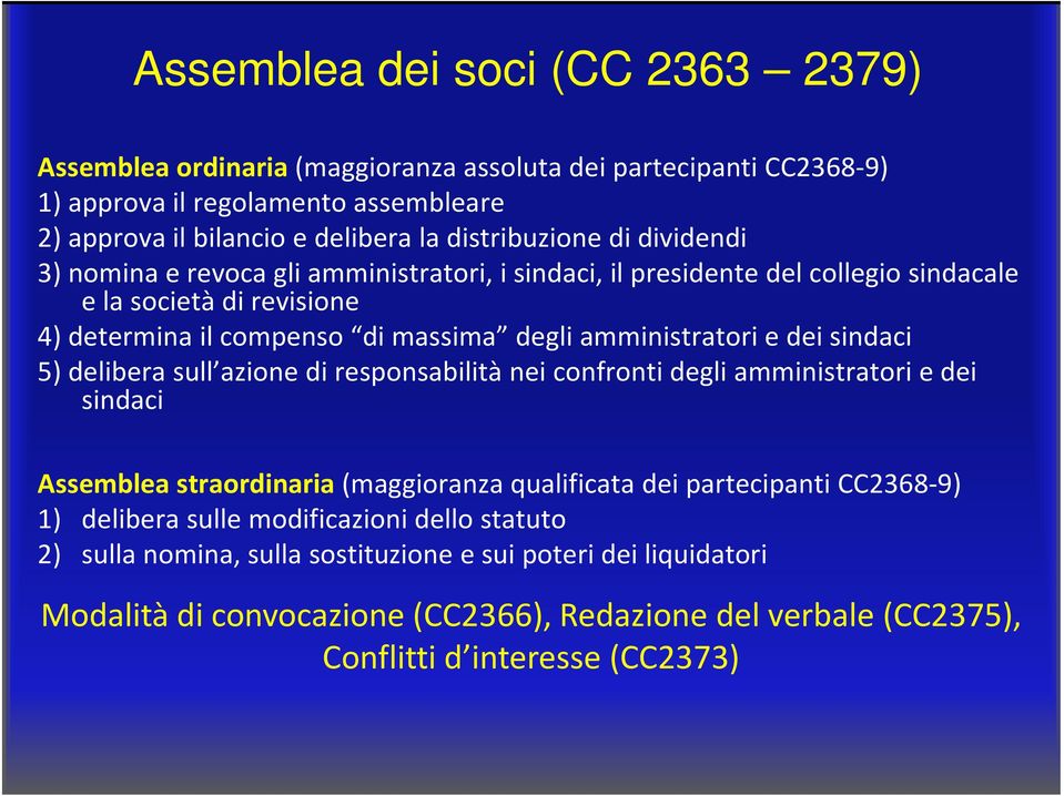 amministratori e dei sindaci 5) delibera sull azione di responsabilità nei confronti degli amministratori e dei sindaci Assemblea straordinaria (maggioranza qualificata dei partecipanti