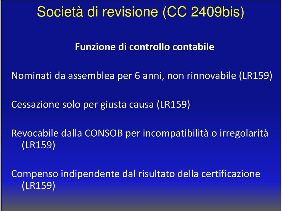 per giusta causa (LR159) Revocabile dalla CONSOB per incompatibilità o