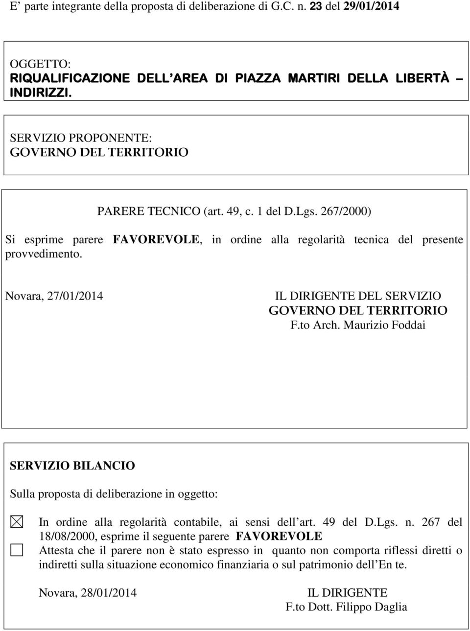 Novara, 27/01/2014 IL DIRIGENTE DEL SERVIZIO GOVERNO DEL TERRITORIO F.to Arch.