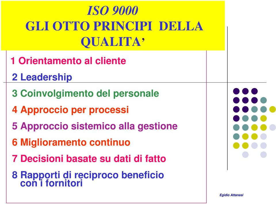 Approccio sistemico alla gestione 6 Miglioramento continuo 7 Decisioni