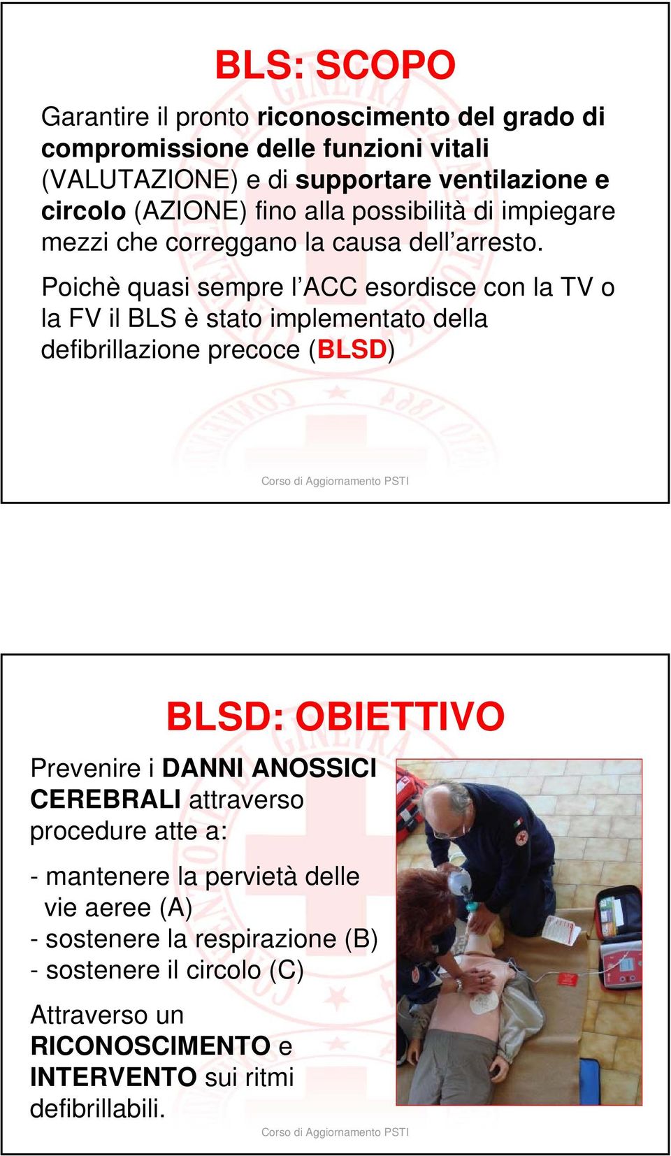 Poichè quasi sempre l ACC esordisce con la TV o la FV il BLS è stato implementato della defibrillazione precoce (BLSD) BLSD: OBIETTIVO Prevenire i