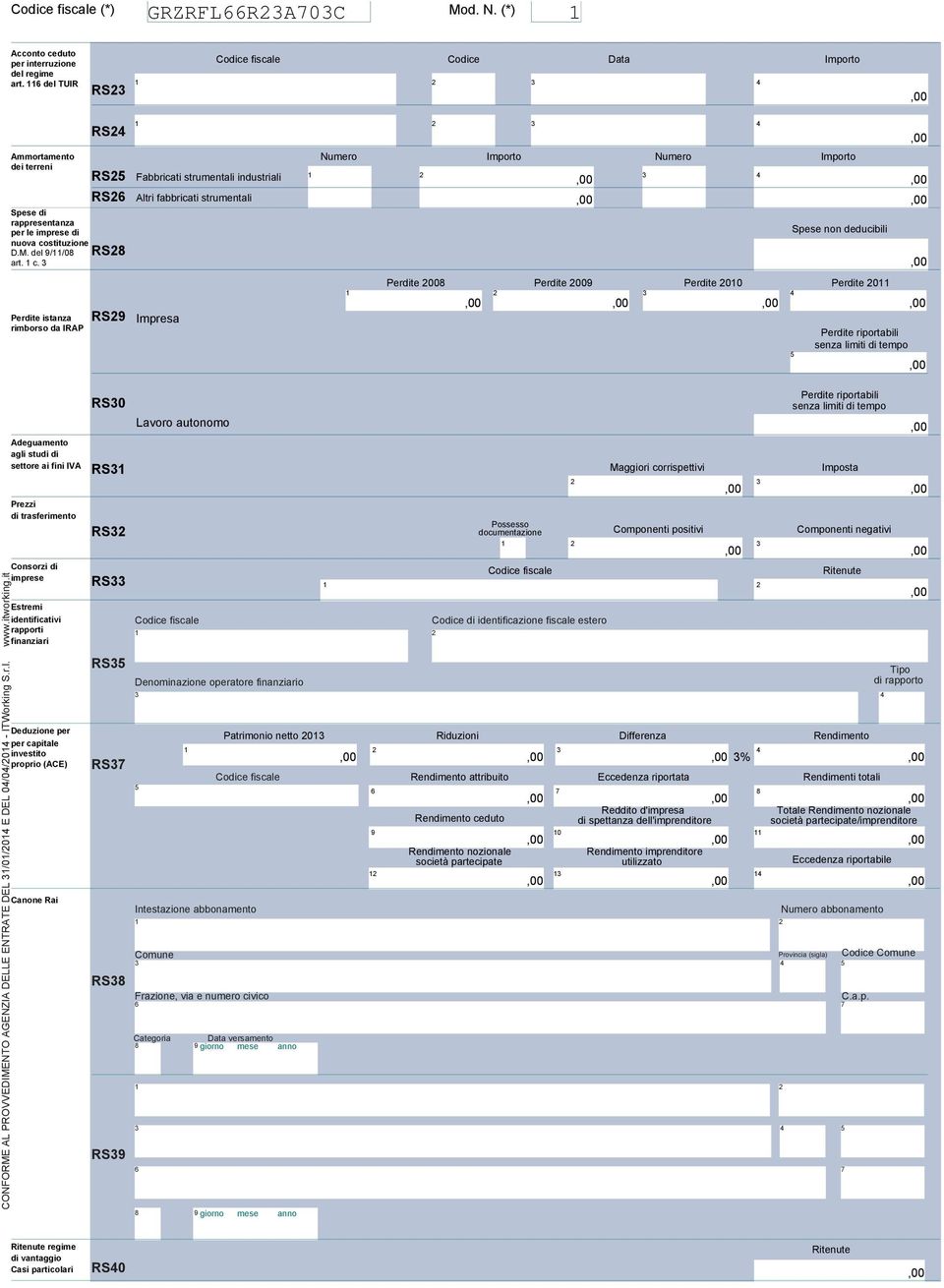 per le imprese di Spese non deducibili nuova costituzione D.M. del //0 RS art. c. CONFORME AL PROVVEDIMENTO AGENZIA DELLE ENTRATE DEL /0/0 E DEL 0/0/0 - ITWorking S.r.l. www.itworking.