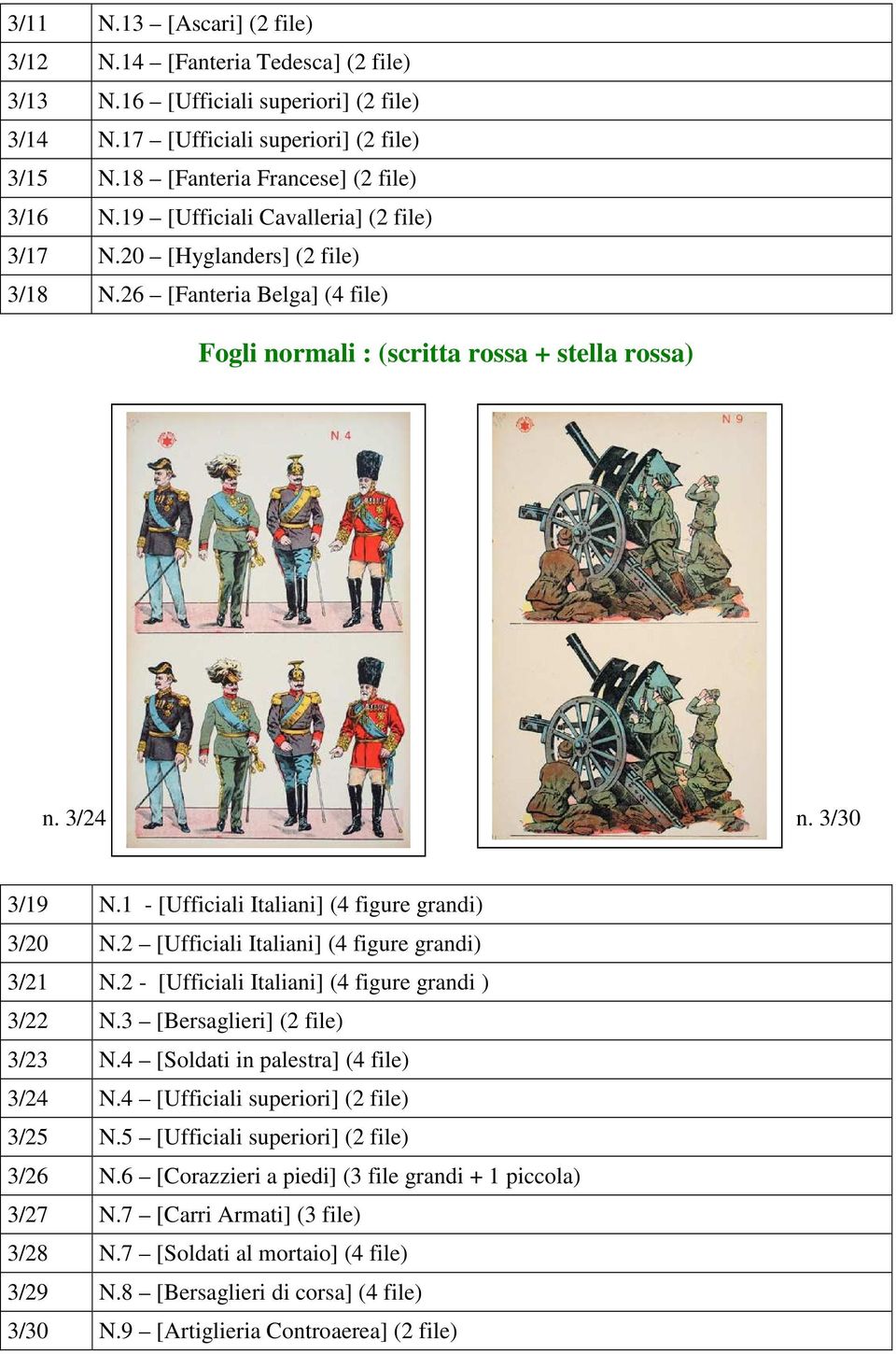 1 - [Ufficiali Italiani] (4 figure grandi) 3/20 N.2 [Ufficiali Italiani] (4 figure grandi) 3/21 N.2 - [Ufficiali Italiani] (4 figure grandi ) 3/22 N.3 [Bersaglieri] (2 file) 3/23 N.