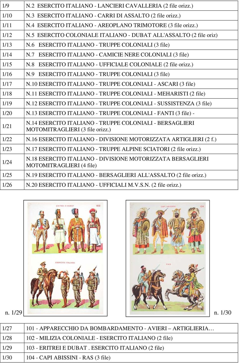 8 ESERCITO ITALIANO - UFFICIALE COLONIALE (2 file orizz.) 1/16 N.9 ESERCITO ITALIANO - TRUPPE COLONIALI (3 file) 1/17 N.10 ESERCITO ITALIANO - TRUPPE COLONIALI - ASCARI (3 file) 1/18 N.