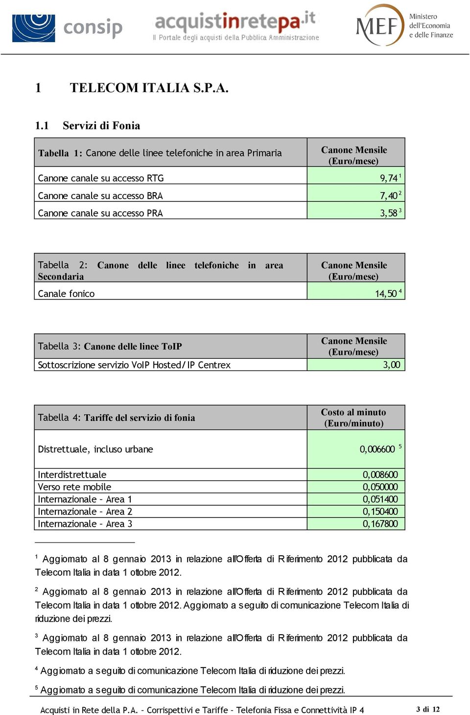 Canone delle linee telefoniche in area Secondaria Canale fonico 14,50 4 Tabella 3: Canone delle linee ToIP Sottoscrizione servizio VoIP Hosted/ IP Centrex 3,00 Tabella 4: Tariffe del servizio di