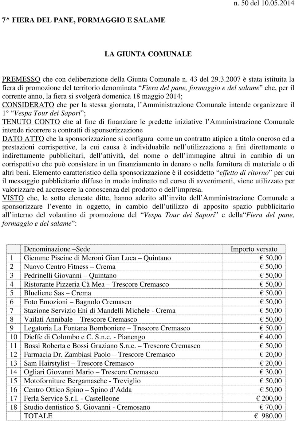 2007 è stata istituita la fiera di promozione del territorio denominata Fiera del pane, formaggio e del salame che, per il corrente anno, la fiera si svolgerà domenica 18 maggio 2014; CONSIDERATO che