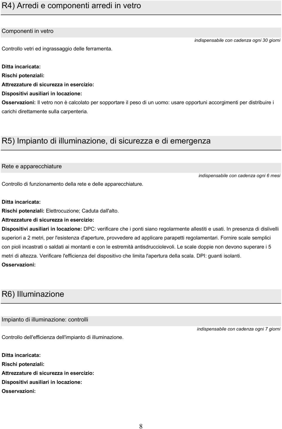 distribuire i carichi direttamente sulla carpenteria. R5) Impianto di illuminazione, di sicurezza e di emergenza Rete e apparecchiature Controllo di funzionamento della rete e delle apparecchiature.