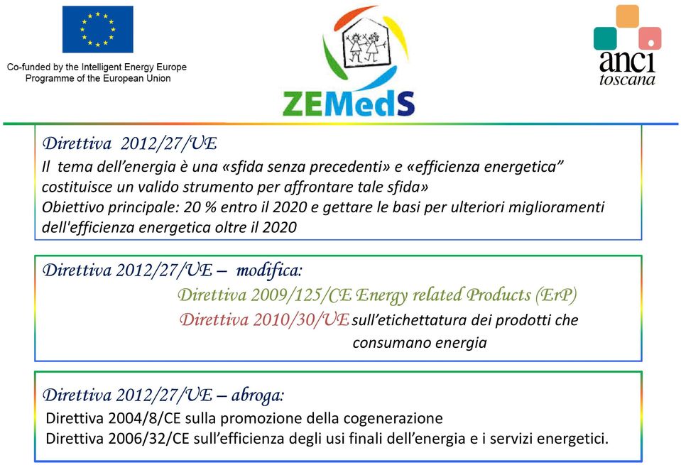 Direttiva 2009/125/CE Energy related Products (ErP) Direttiva 2010/30/UE Direttiva 2012/27/UE abroga: Direttiva 2010/30/UEsull etichettatura dei prodotti che