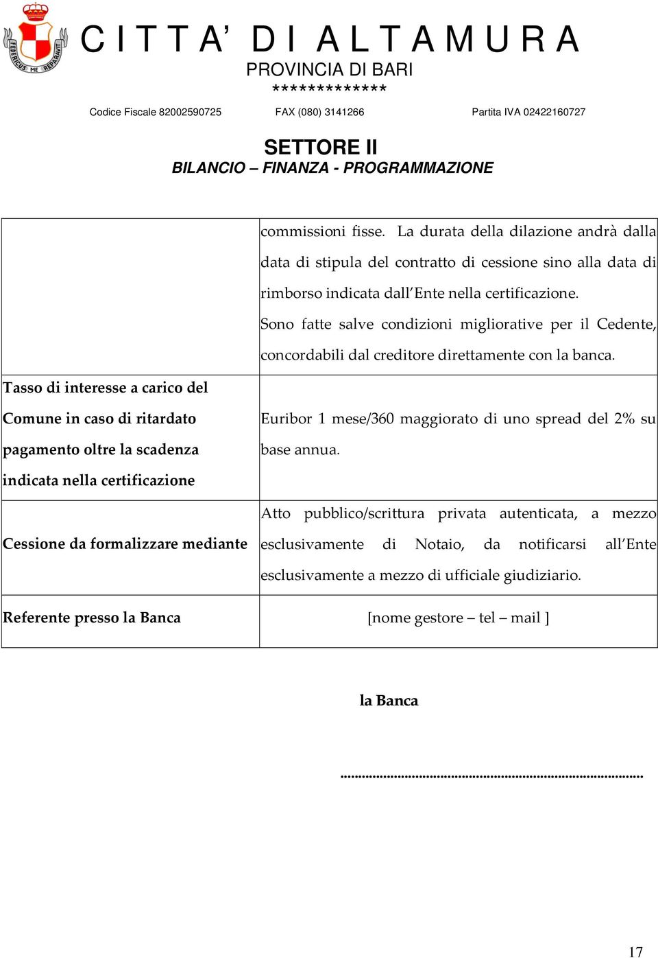 Sono fatte salve condizioni migliorative per il Cedente, concordabili dal creditore direttamente con la banca.