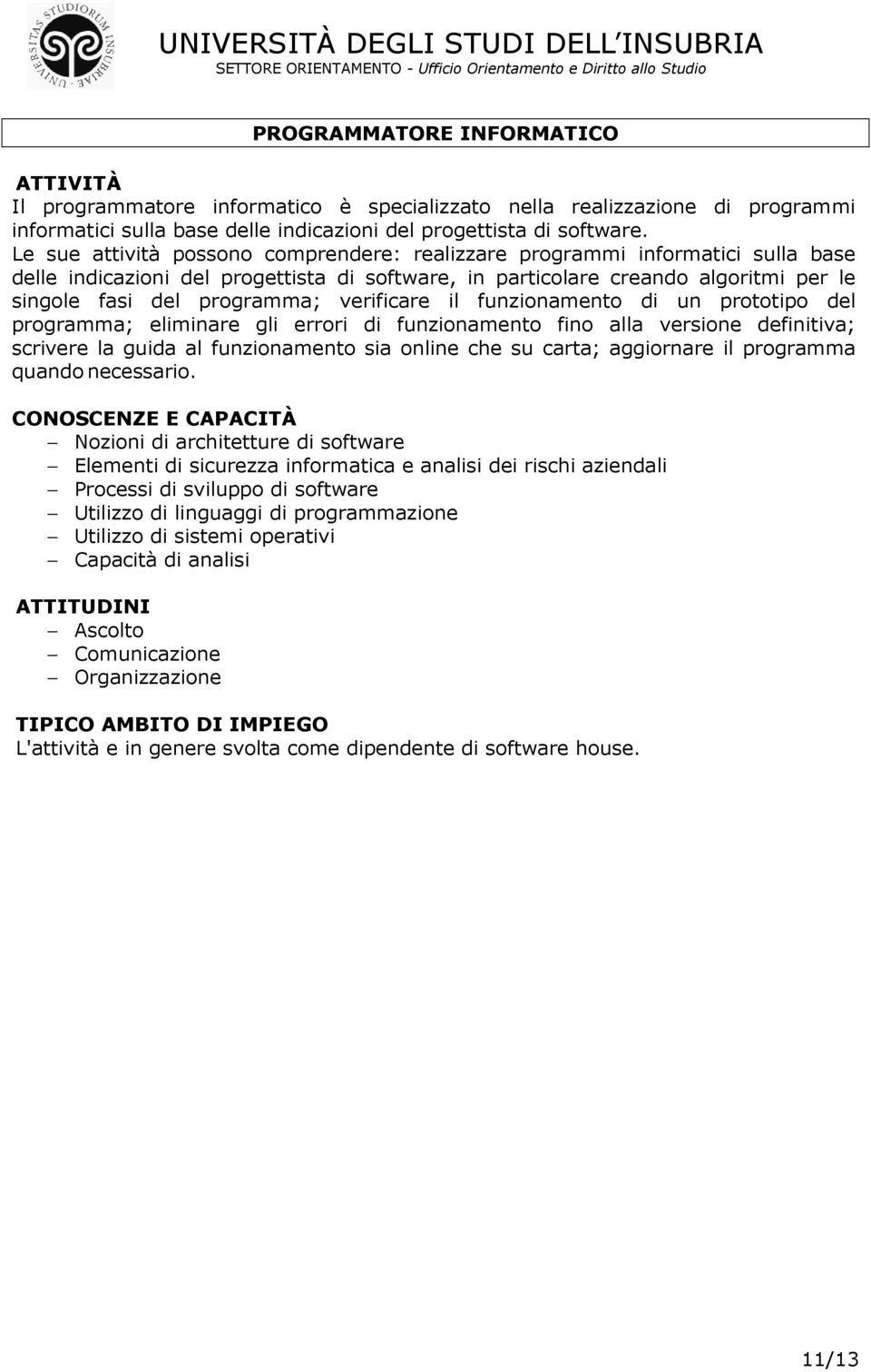 verificare il funzionamento di un prototipo del programma; eliminare gli errori di funzionamento fino alla versione definitiva; scrivere la guida al funzionamento sia online che su carta; aggiornare