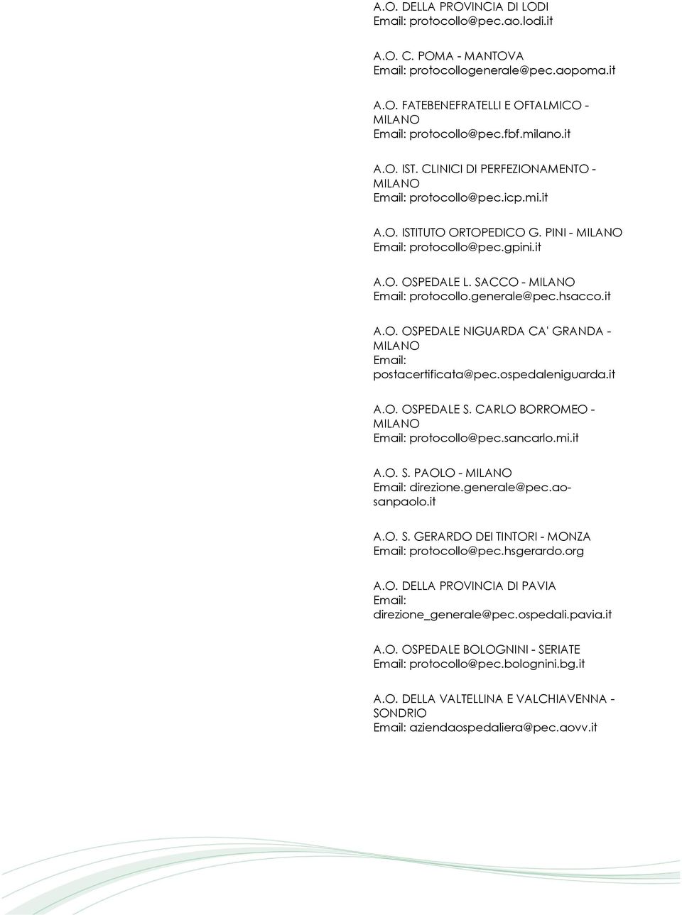 ospedaleniguarda.it A.O. OSPEDALE S. CARLO BORROMEO - protocollo@pec.sancarlo.mi.it A.O. S. PAOLO - direzione.generale@pec.aosanpaolo.it A.O. S. GERARDO DEI TINTORI - MONZA protocollo@pec.hsgerardo.