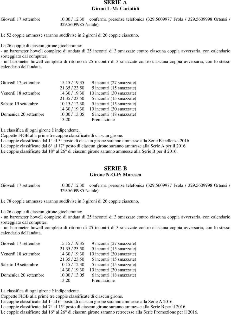 Le coppie classificate dal 6 al 17 posto di ciascun girone saranno ammesse alla Serie A per il 2016. Le coppie classificate dal 18 al 26 di ciascun girone saranno ammesse alla Serie B per il 2016.