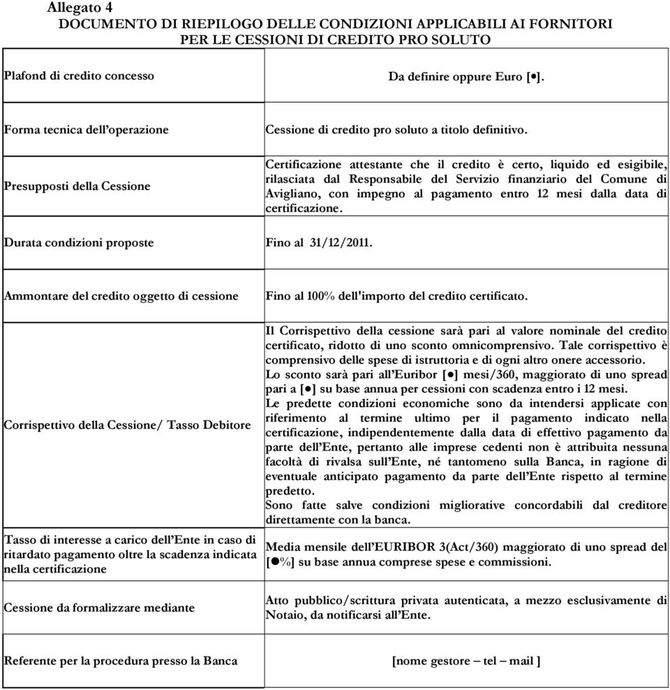 Certificazione attestante che il credito è certo, liquido ed esigibile, rilasciata dal Responsabile del Servizio finanziario del Comune di Avigliano, con impegno al pagamento entro 12 mesi dalla data