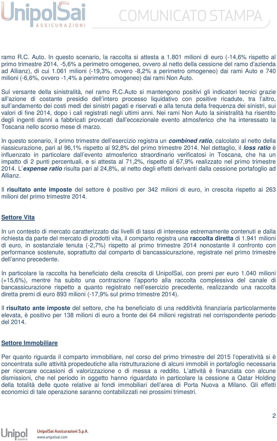 061 milioni (-19,3%, ovvero -8,2% a perimetro omogeneo) dai rami Auto e 740 milioni (-6,6%, ovvero -1,4% a perimetro omogeneo) dai rami Non Auto. Sul versante della sinistralità, nel ramo R.C.