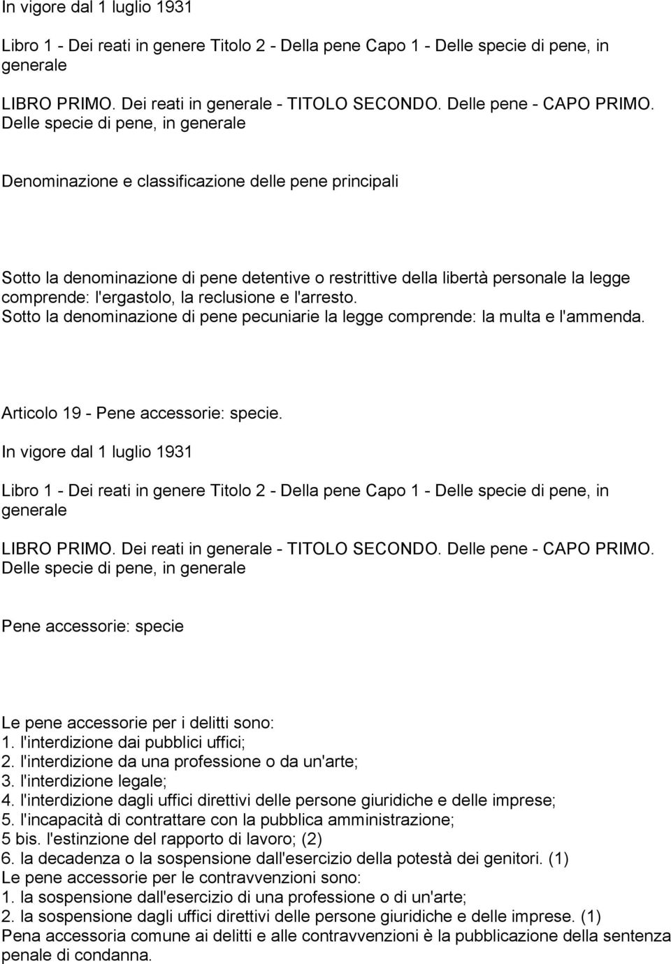 la reclusione e l'arresto. Sotto la denominazione di pene pecuniarie la legge comprende: la multa e l'ammenda. Articolo 19 - Pene accessorie: specie.