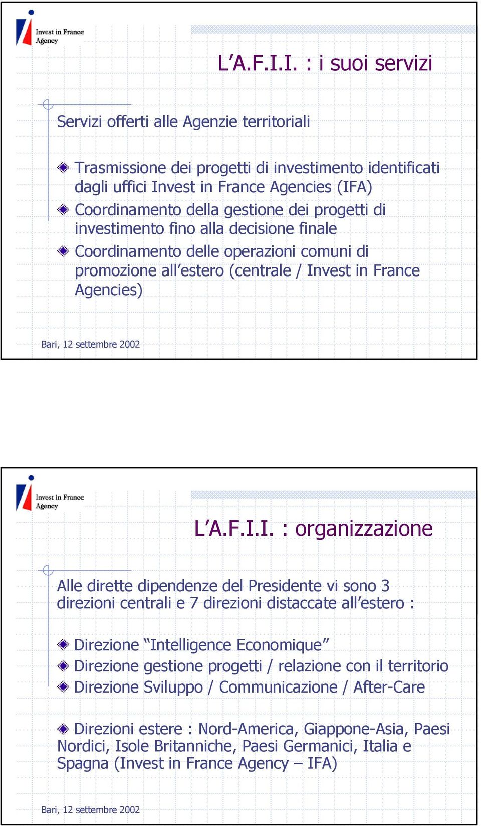dei progetti di investimento fino alla decisione finale Coordinamento delle operazioni comuni di promozione all estero (centrale / Invest in France Agencies) I.